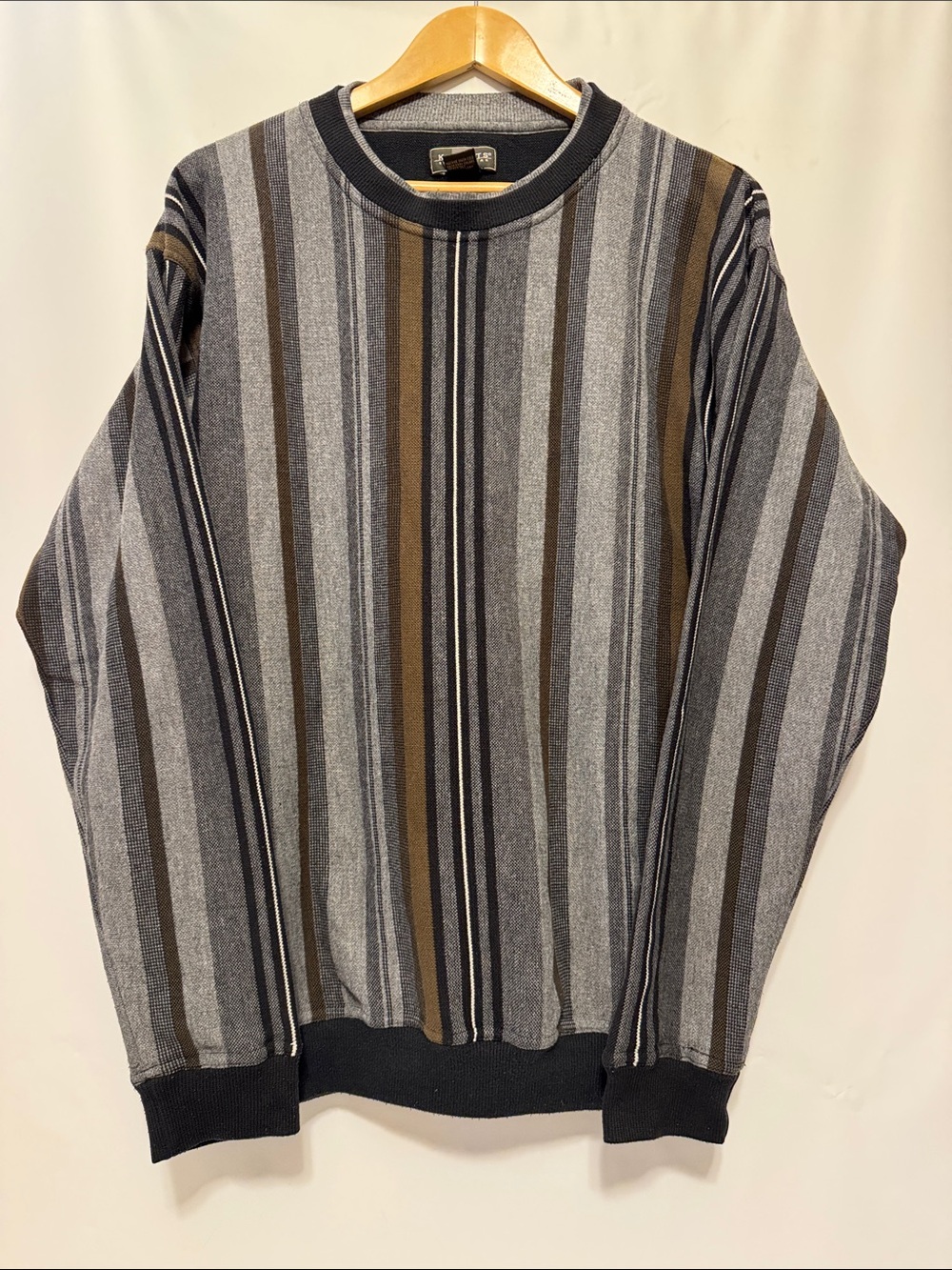 Vintage 90s Knights Sportswear Brown/Gray Vertical Striped Crewneck Sweater